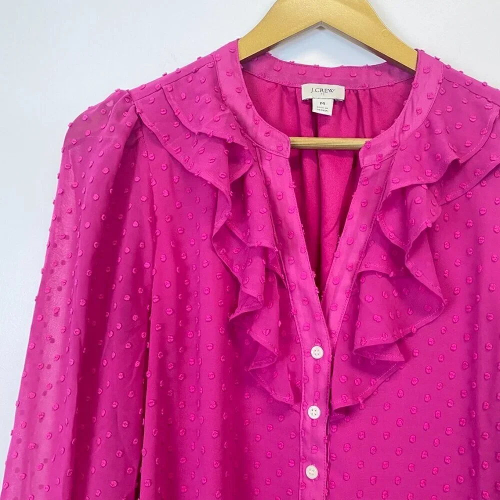 J. Crew Pink Textured Chiffon Ruffle Button Up Blouse